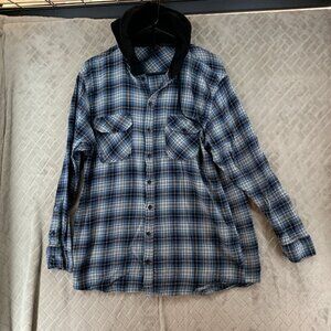 Decoded Mens Large Flannel Shirt Blue Plaid Hooded 100% Cotton Classic Boxy Fit